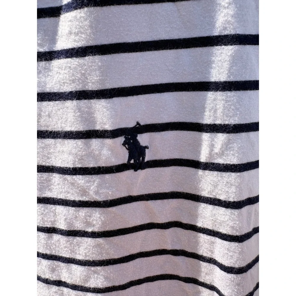 Polo Ralph Lauren Mens V-Neck T-Shirt Medium White Navy Blue Striped Classic Fit